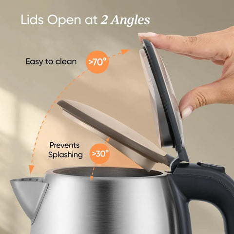 Electric Kettle With Plastic Free Interior And 304 Stainless Steel Build, 1.7L, lid open showing angles and spout, fast boil.