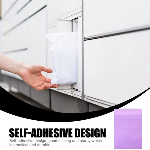 Hand placing a package into a locker, highlighting 100 Pack Polyethylene Mail Bags With Waterproof Seal For Dope Durable Poly Mailers.
