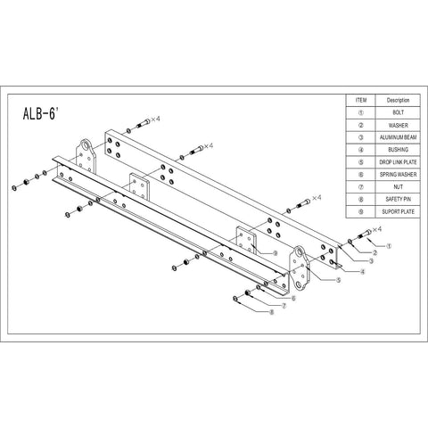 Technical drawing of Aluminum Lifting Spreader Beam 4400 LBS 2 Ton Capacity 6 Foot Length with labeled components and parts.
