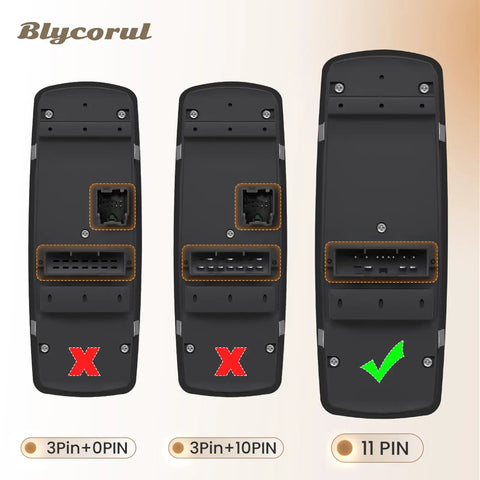 Comparison of three black power window switches; only the 11-pin model matches driver side power window switch and door lock button replacement.