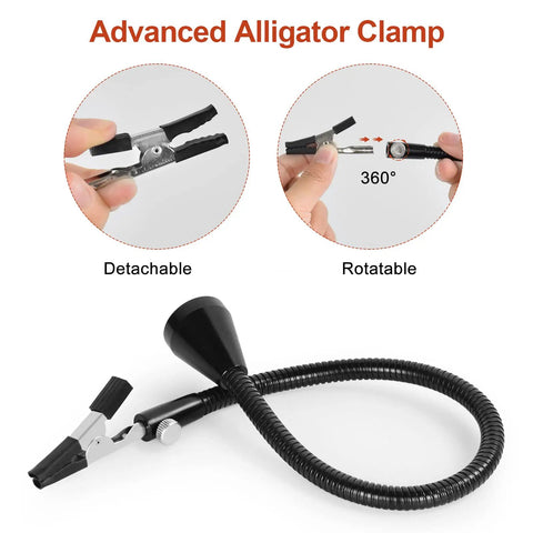 Magnetic Circuit Board Holder With Gooseneck Arms Adjustable 360 Degree Flip For Clamping PCBs, alligator clamp detail.