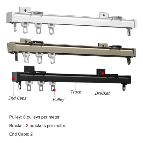 Ultra Heavy Duty Ceiling Curtain Track System Fits 1 To 20 Feet Spaces, Adjustable Room Divider Rod With Rollers, Hardware Kits And End Caps For Bedroom Offices And Modern Home Decor Sliding Black Curtains; black track with brackets