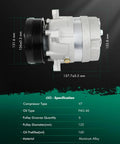 Heavy Duty Ac Air Conditioning Compressor With Clutch Assembly Fits Chevy S10 Gmc S15 And Luv Pickups 1990 2003 2.2L 2.5L side view showing aluminum body and pulley specifications.