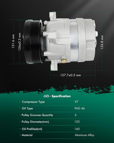 Heavy Duty Ac Air Conditioning Compressor With Clutch Assembly Fits Chevy S10 Gmc S15 And Luv Pickups 1990 2003 2.2L 2.5L side view showing aluminum body and pulley specifications.