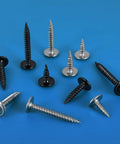 Rock Solid 150 Piece Set Of Heavy Duty Eight By One Inch Phillips Truss Head Stainless Steel Self Tapping Fasteners displayed on blue background.