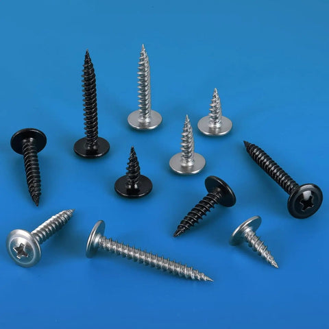 Rock Solid 150 Piece Set Of Heavy Duty Eight By One Inch Phillips Truss Head Stainless Steel Self Tapping Fasteners displayed on blue background.