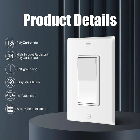 3 Way Decorator Light Switch With Wall Plates Pack of 10 15A 120/277V Decora style rocker switch, glossy white