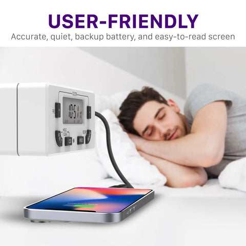 7-Day Digital Outlet Timer For Indoor Plug-In Lights, Lamps And Appliances beside sleeping man with phone charging