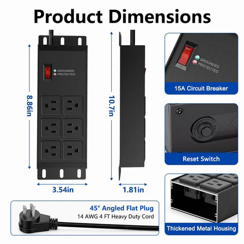 Heavy Duty Surge Protector Power Strip With 6 Outlets 2500J Surge 15A 1875W 4Ft Cord 14AWG Flat Plug Metal Build dimensions
