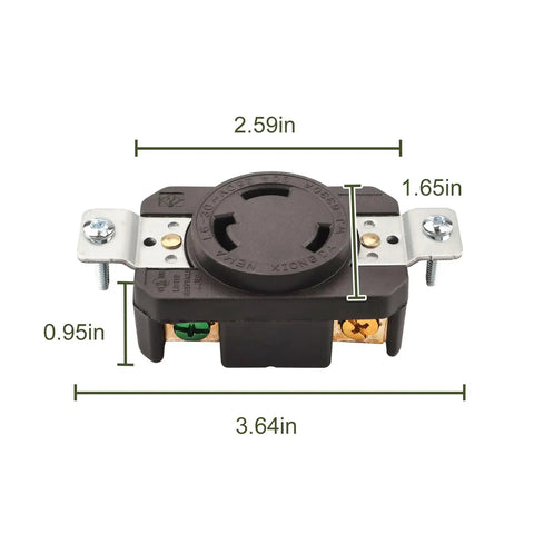 Rock Solid Heavy Duty 30 Amp Flush Mount Locking Receptacle Featuring Nema L630R Twist Lock Plug Socket, dimensions 3.64x2.59 inches.