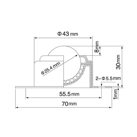 Technical diagram of 1 Inch Ball Transfer Bearing With 2 Hole Flange Mount 360 Degree Universal Rotation Roller, dimensions labeled.