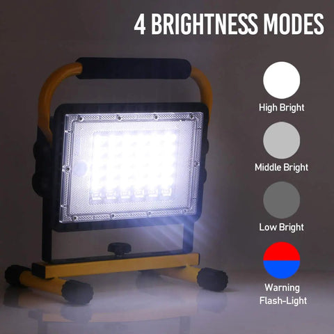 GoTo 60W LED Work Light Cordless Floodlight With 6000LM showing 4 brightness modes on black and yellow stand