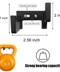 Black 2.56 inch tool hook for pegboard with dimensions, labeled strong bearing capacity and high quality ABS material