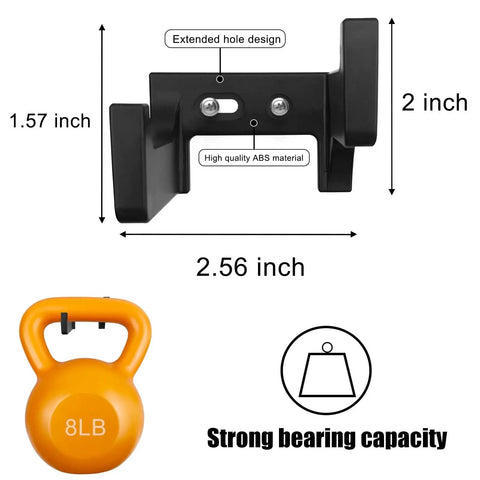 Black 2.56 inch tool hook for pegboard with dimensions, labeled strong bearing capacity and high quality ABS material