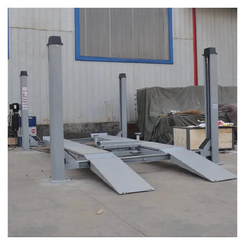 Professional Grade Heavy Duty Four Post Car Lift Featuring Steel Wire Rope Hoist System And Seven Thousand Pound Capacity Built Like A Tank For The Daily Grind in a workshop setting.
