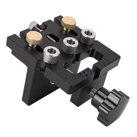 Doweling Jig Kit With Aluminum Adjustable Drilling Guide For Cabinet Installation And Furniture Assembly Pro Grade Precision And Easy Alignment Durable Aluminum Construction Ideal For DIY Woodworking Projects And Professional Cabinet Makers, close-up view