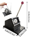 Manual PVC Card Cutter For CR80 Cards with steel blade and round corner design, showing cutting arm and dimensions.