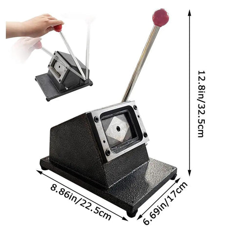 Manual PVC Card Cutter For CR80 Cards with steel blade and round corner design, showing cutting arm and dimensions.