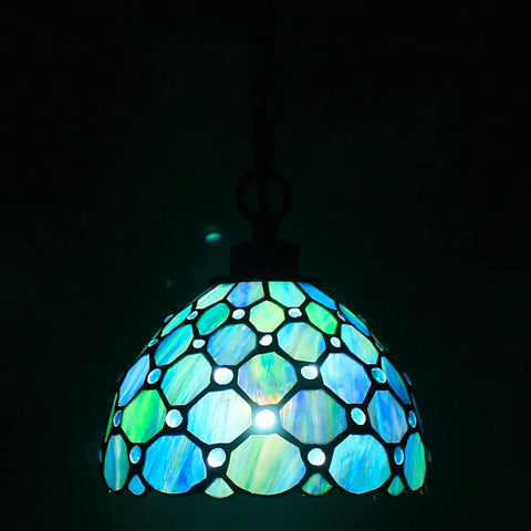 Sea Blue Pearl Tiffany Style Pendant Light Plug In Stained Glass Swag Lamp 8x8x181 Inch Hanging Lamp With 180 Inch Cord UL Listed Bulbs Not Included Perfect For Dining Room And Living Room