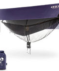 All-In-One OneLink Hammock Shelter System With DoubleNest Hammock Atlas Suspension Straps Guardian Bug Net ProFly Rain Tarp And Stakes Packable Lightweight Gear For Easy Setup Camping Backpacking And Outdoor Adventures showing suspended setup and storage bag