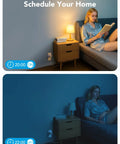4 Pack Smart Plugs With Bluetooth Or WiFi Stability, showing lamp on at 20:00 and off at 22:00 with Alexa and Google Assistant control