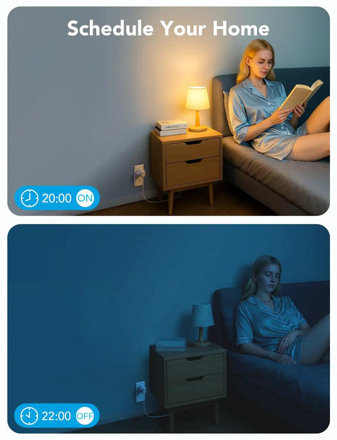 4 Pack Smart Plugs With Bluetooth Or WiFi Stability, showing lamp on at 20:00 and off at 22:00 with Alexa and Google Assistant control