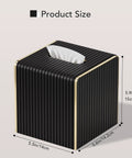 Black Square PU Leather Tissue Box Cover With Gold Tone Edging Luxury Vibe, dimensions 5.5in x 5.9in, for home or office decor.