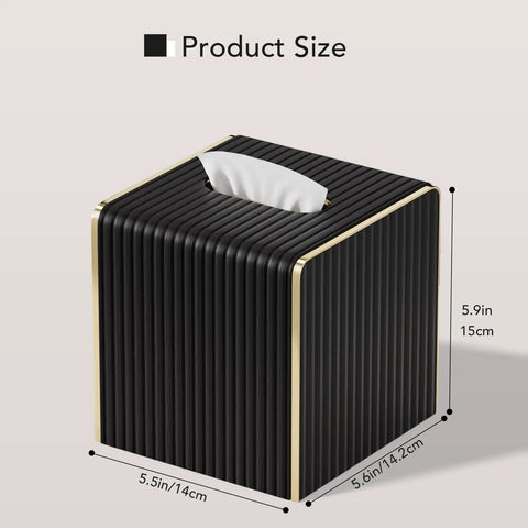 Black Square PU Leather Tissue Box Cover With Gold Tone Edging Luxury Vibe, dimensions 5.5in x 5.9in, for home or office decor.