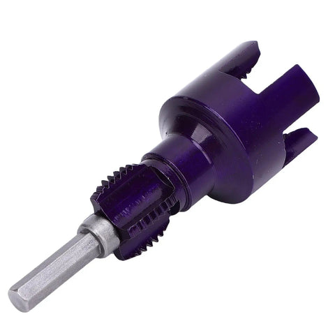 LiebeWH Integrated Pipe Threading Tool With Dual Function Design For Cutting Precis Accurate Threads On 1/2 And 3/4 Inch Pipes Using Standard Electric Drill Ideal For Durable PVC Home Repair Projects, purple color, close-up view.