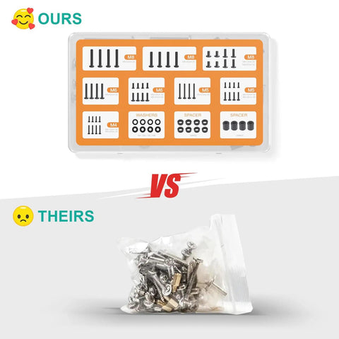 Comparison of Universal TV Mounting Hardware Kit with 68 Pieces Including M4 M5 M6 M8 Screws and Spacers and a generic bag of screws.