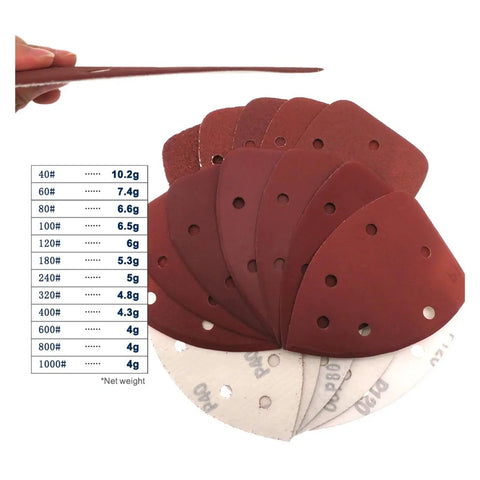 Super Cool 140X98Mm Triangular Sandpaper Sheets With 6 Hole Design For Fast Dust Extraction and Hook Loop Attachment, assorted grits displayed.