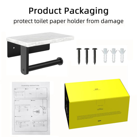 Marble Toilet Paper Holder With Shelf Wall Mounted 304 Stainless Steel Tissue Roll Holder Matte Black Bathroom Organizer Built To Last Easy Install No Fuss Modern Bathroom Setup product packaging with components and assembly instructions