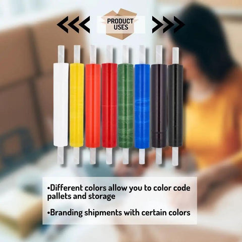 Built Tough Dark Green Plastic Stretch Wrap With Slick Self Adhesive Cling And Easy Grip Core Handles 20 By 1000 Feet Heavy Duty 80 Gauge Bundling Film For Moving Shipping 4 Rolls color-coded pack of stretch wraps with various colors.