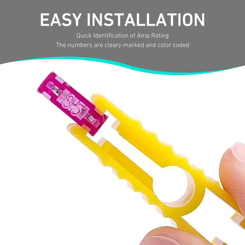 Top Shelf Automotive Mini Blade Fuses Assortment 120 Pieces Features 2A To 35A Ratings showing a color-coded pink fuse for easy installation.