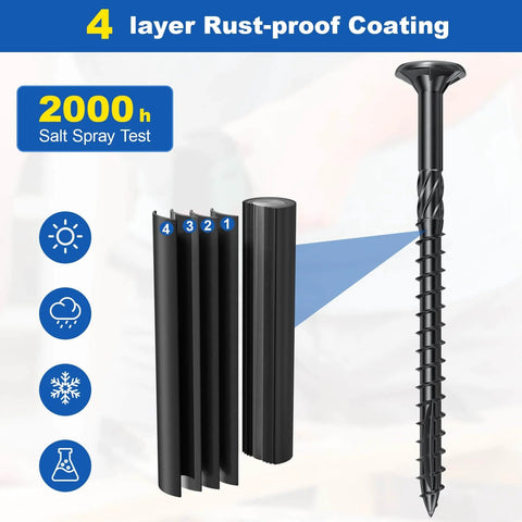 Image showing 240Pcs Deck Screws Set For Woodworking with rust-resistant coating and flat head Torx drive, 2000-hour salt spray test.