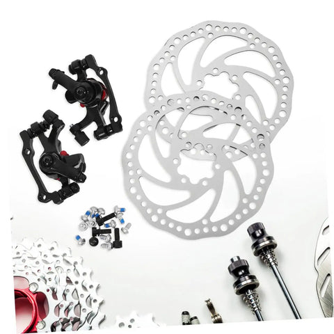 Top Shelf Aluminum Mechanical Disc Brake Kit For Mountain Bikes With 160MM Front Rear Rotors, dual adjust knobs and hardware.