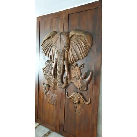 Hand Carved Elephant Doors in African Safari Style Dope Custom Size Interior Barn Door or Exterior Front Door Sliding or Pre Hung Hinged 71x34