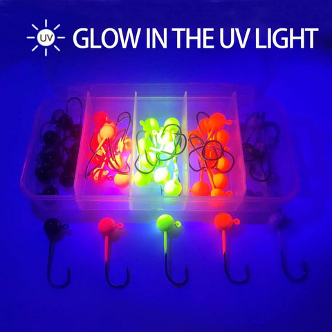 Pro Grade Fly Tying Jig Heads Kit With 50 Jig Heads For Fly Fishing DIY Lure Making Set glowing under UV light