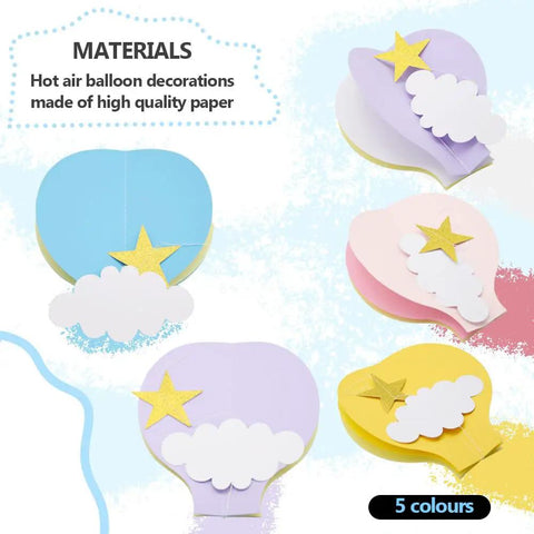 Colorful Hot Air Balloon Paper Garland Set 5 Pieces For Room Party Decor With Clouds And Stars Easy To Hang Festive Wedding Birthday Shower Fun Backdrop Perfect For Baby Showers And More shown in five colors.