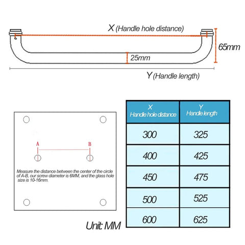 Stainless Steel Glass Shower Door Handle Push And Pull Single Sided 500mm Rustproof Grab Bar Rail Replacement Parts Durable Bathroom Door Knob Kit With No Fuss Install Hardware, 500mm size chart