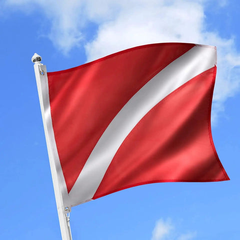Two Flag Duo Diver Down Flag Set 20x24 Inches With Golden Grommets Double Stitched Nylon Red And White Flags on flagpole