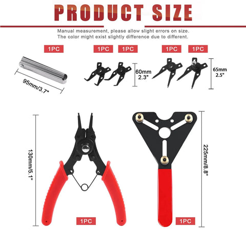 Heavy Duty Auto Clutch Holding Tool Kit With Adjustable Clutch Holder Snap Ring Pliers 4 Interchangeable Jaws 32 Steel Feeler Gauge And 4 In 1 Pliers Set For Car Maintenance And Gearbox Repair Pro Grade Shop Ready; tool sizes shown.
