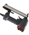 Heavy Duty 18 Gauge Pneumatic Brad Nailer For Carpentry And J Nail Compatibility Featuring Built In Viewing Window Plus Quick Release Nose Latch - angled view with grip