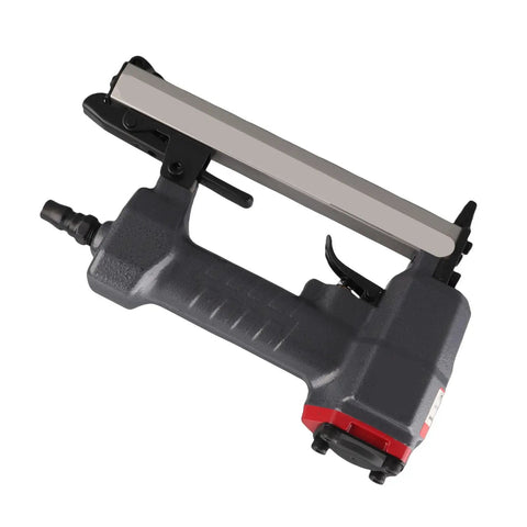 Heavy Duty 18 Gauge Pneumatic Brad Nailer For Carpentry And J Nail Compatibility Featuring Built In Viewing Window Plus Quick Release Nose Latch - angled view with grip