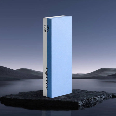Premium Knife Sharpening Stone Whetstone 1000 6000 Grit displayed vertically on rock background
