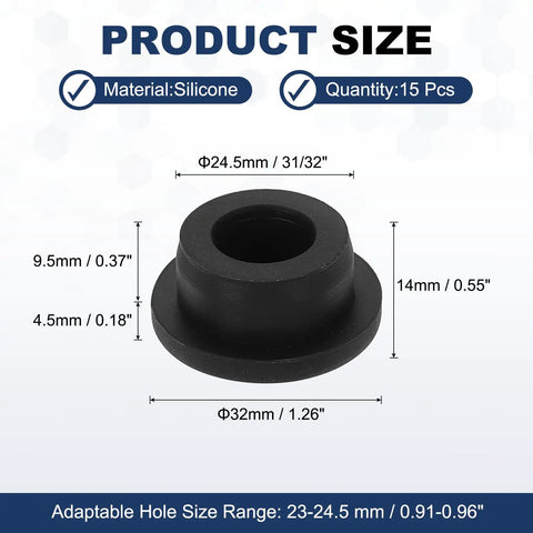 Image of 15 Pack T Shaped Silicone Plugs 24.3mm Diameter Snap In Hole Seals Waterproof Round Rubber Stopper with dimensions