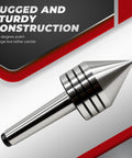 Close-up side view of a metal MT2 tailstock live center with a 60-degree pointed tip for woodturning
