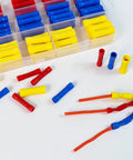 Butt Splice Crimp Connectors Kit For 22-10AWG Wire DIY Friendly 120 Piece Assorted Insulated Electrical Terminal Connectors with color coded red, blue, and yellow connectors in a storage box.
