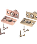 Heavy Duty Adjustable Ball Door Catches 2 Pack With Brass Roller Latch in bronze and brass with screws for cabinets and closets.