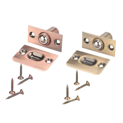 Heavy Duty Adjustable Ball Door Catches 2 Pack With Brass Roller Latch in bronze and brass with screws for cabinets and closets.